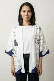 Kimono veste pour femme Miyuki blanche haori motif carpe koï soleil lune vagues manches trois-quarts streetwear japonais Japanstreet