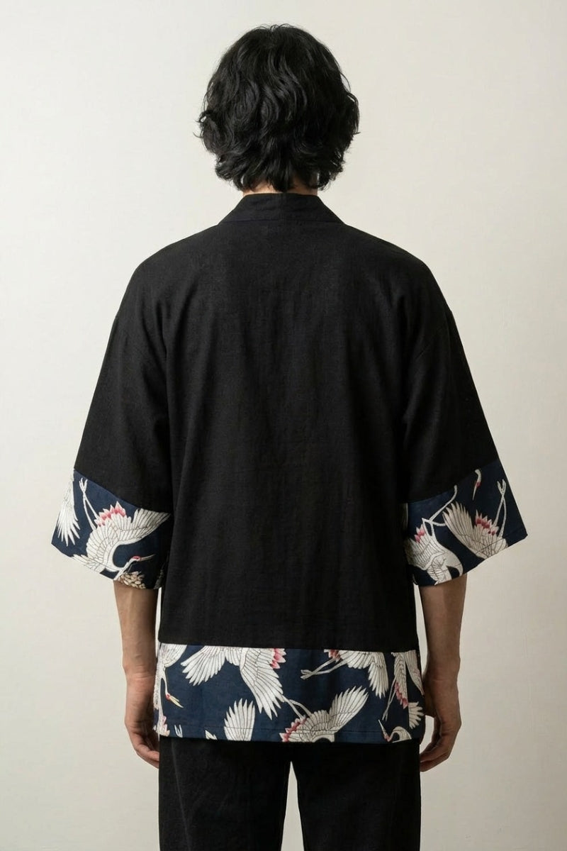 Long kimono cardigan Ryota homme noir vue dos motif grues tsuru blanches volantes coton coupe longue streetwear japonais Japanstreet