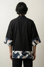Long kimono cardigan Ryota homme noir vue dos motif grues tsuru blanches volantes coton coupe longue streetwear japonais Japanstreet