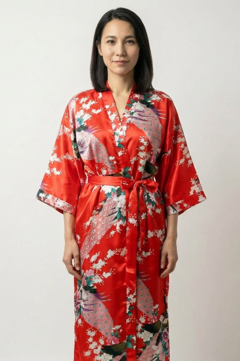 Long pyjama japonais kimono de nuit rouge à l'aspect satiné, grues imprimées et fleurs de cerisier - Japanstreet