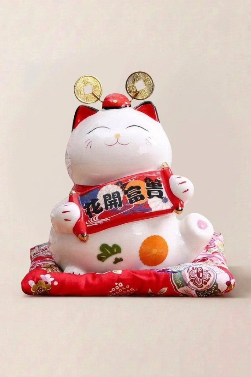 Maneki neko tirelire 'Okami Ribbon' en céramique — chat blanc tenant un rouleau et une bourse, ruban rouge au cou et pièces dorées, sur un coussin rouge