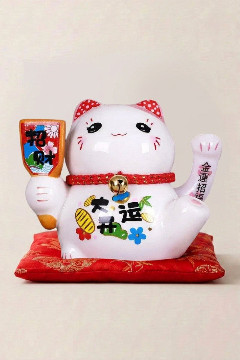 Maneki neko tirelire 'Peace and Love' en céramique — chat blanc tenant une plaque colorée à deux mains, oreilles roses et joues rosées, sur un coussin rouge