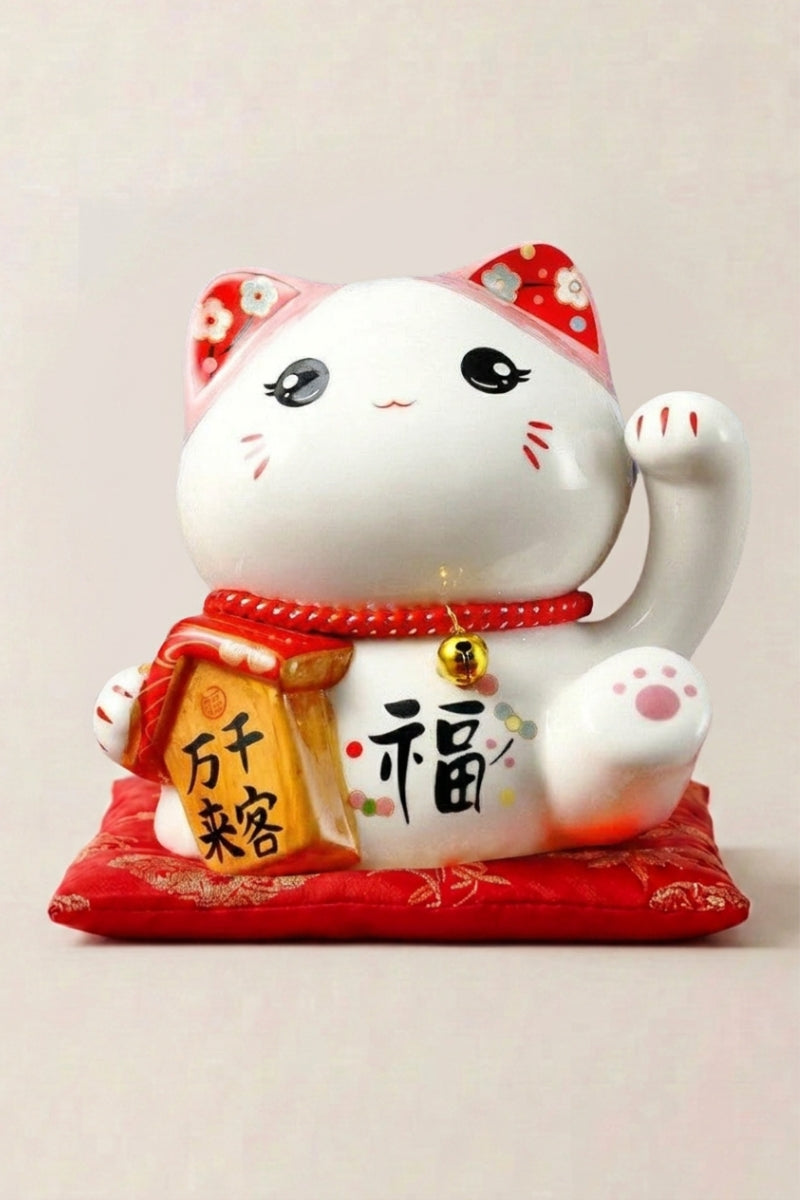 Maneki neko tirelire 'Health' en céramique — chat blanc tenant une plaque rouge au caractère de la chance, collier à grelot, sur un coussin rouge