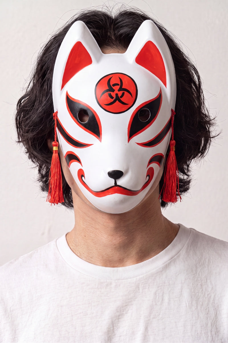 Masque kitsune au sceau rouge porté par un mannequin sur fond clair — renard blanc marqué d'un disque rouge au front, cordons rouges et grelots