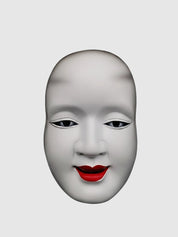 Masque nō Ko-omote au visage idéalisé de jeune femme en résine peinte main blanc et rouge — vue principale de face — Japanstr