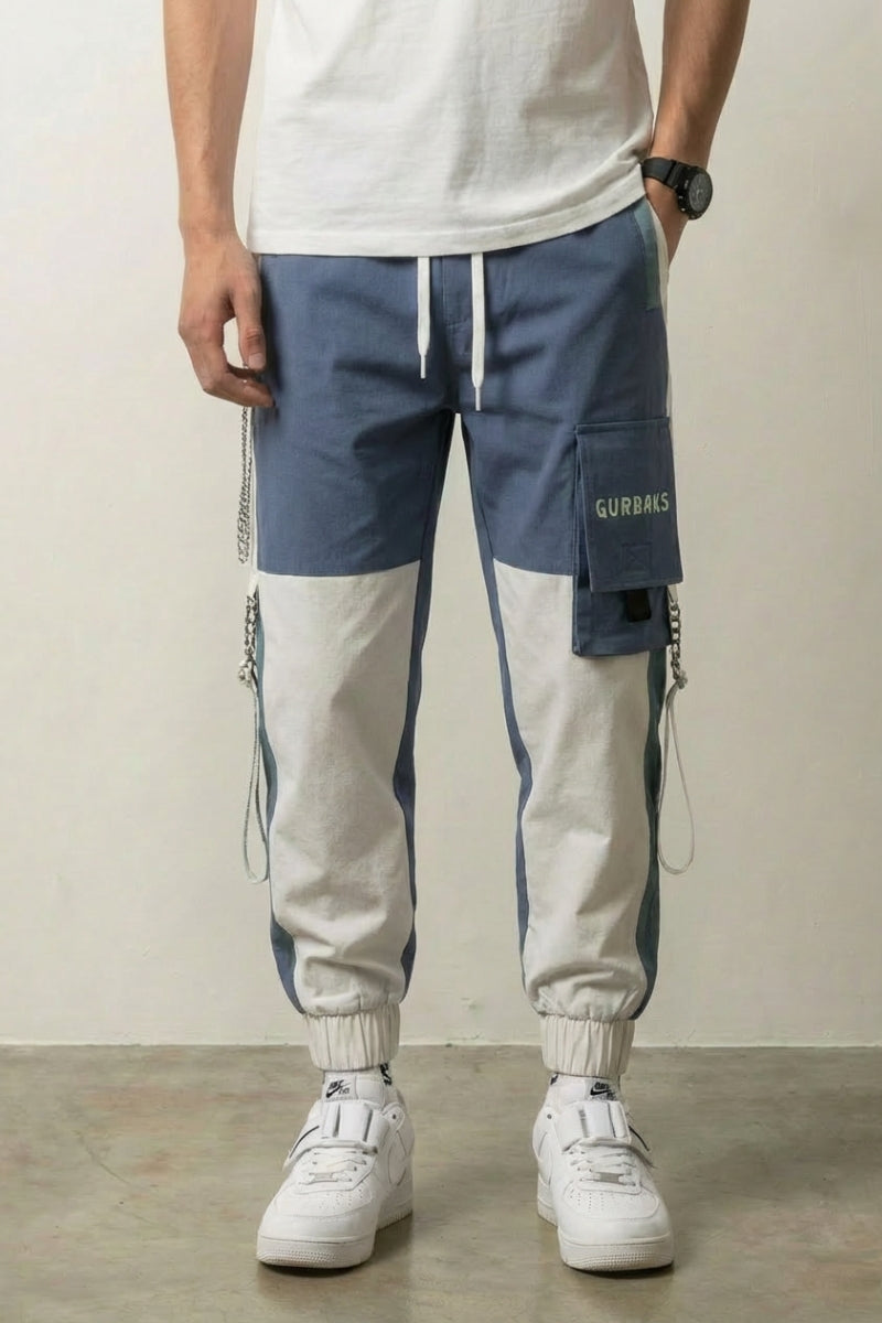 Pantalon cargo bicolor Shinjuku bleu et blanc en coton à patch et chaîne décorative Japanstreet