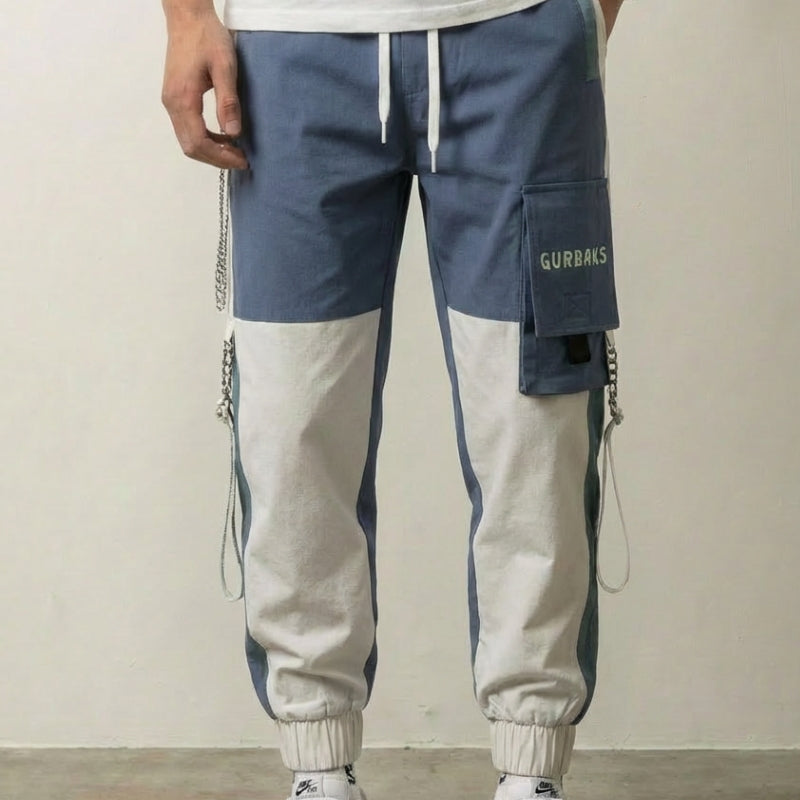 Pantalon cargo bicolor Shinjuku bleu et blanc en coton à patch et chaîne décorative Japanstreet