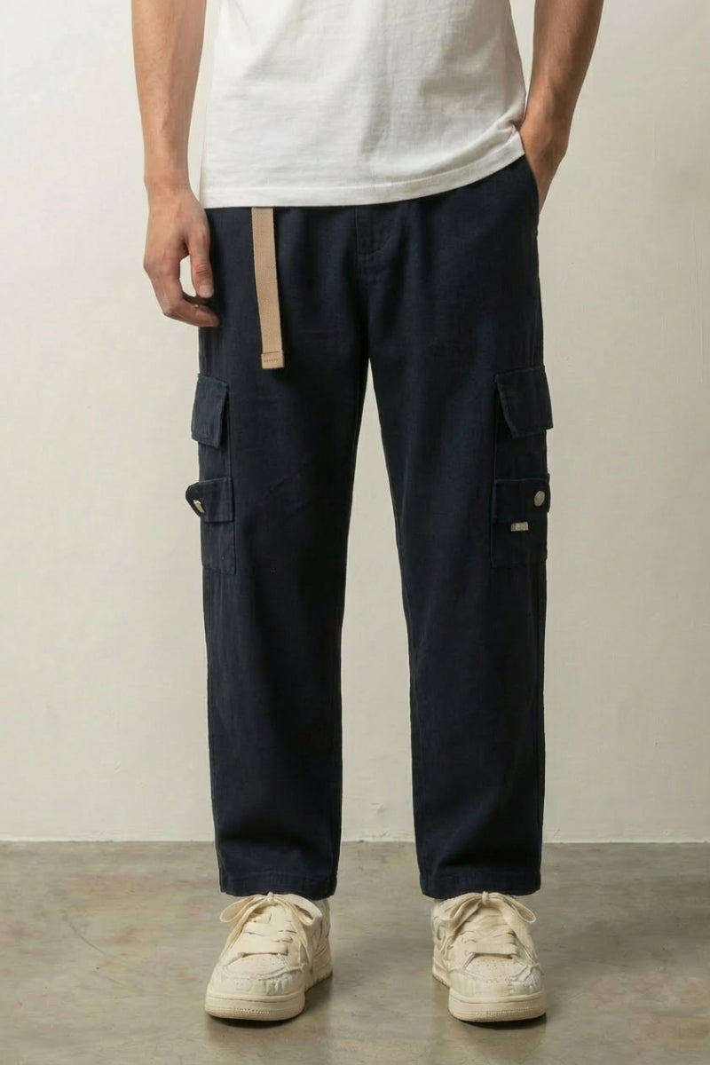 Pantalon cargo bleu marine Tokoname urbain à grandes poches plaquées et ceinture contrastée Japanstreet