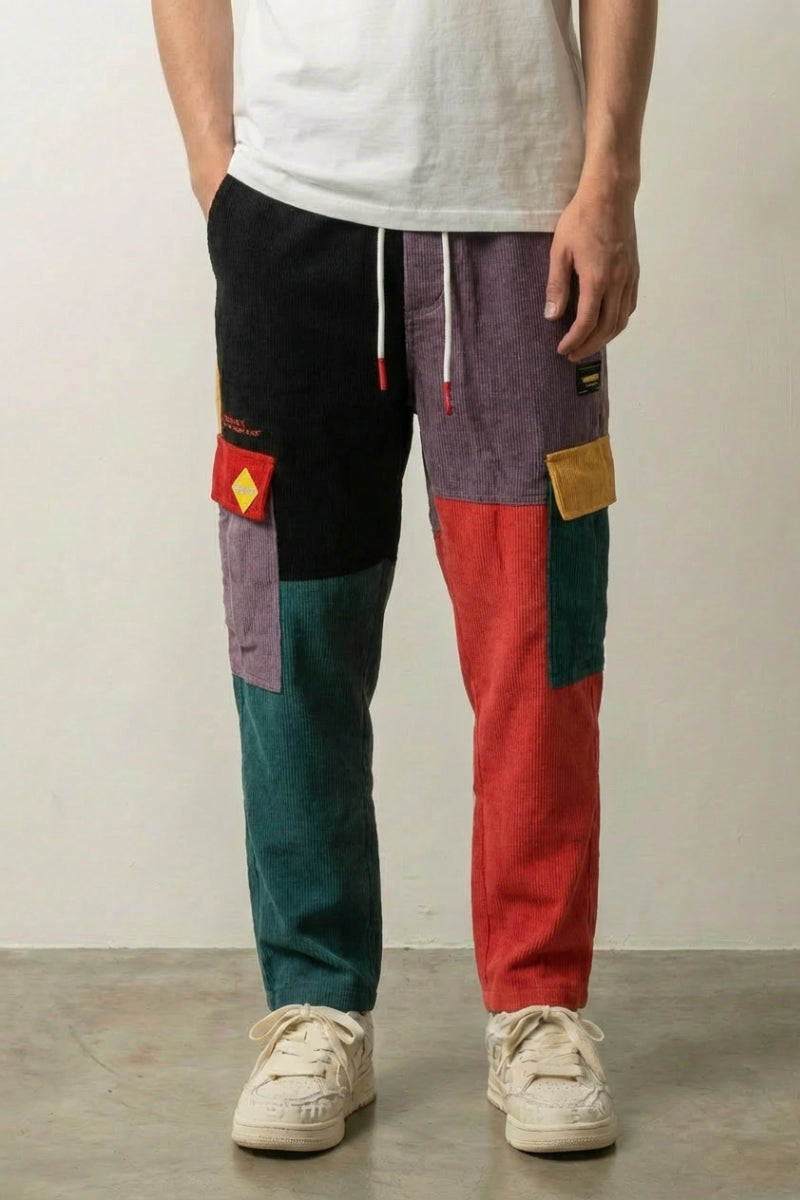 Pantalon cargo en couleur Colorbind patchwork velours côtelé multicolore noir violet vert rouge Japanstreet