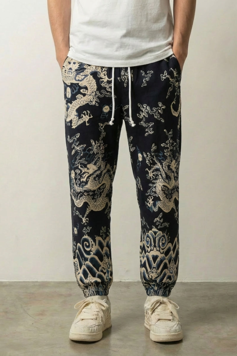 Pantalon dragon japonais Ryūjin noir à imprimé all-over de dragons et vagues Japanstreet