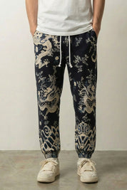 Pantalon dragon japonais Ryūjin noir à imprimé all-over de dragons et vagues Japanstreet