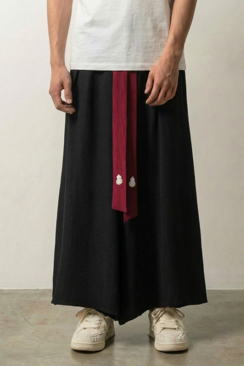 Pantalon hakama homme Matokuro noir traditionnel ceinture brodée jambes larges aikido kendo Japanstreet