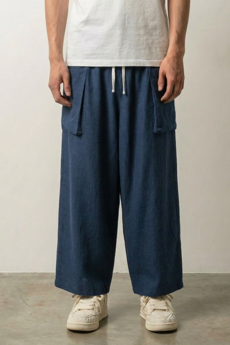 Pantalon hakama large homme Konakoi bleu marine coton lin poches plaquées cordon japonais moderne Japanstreet