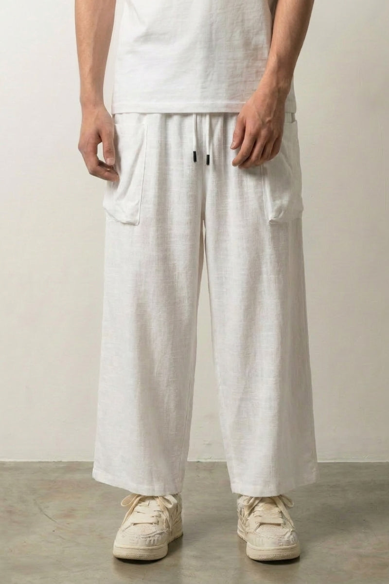 Pantalon hakama large homme Shinshiro blanc coton lin coupe ample poches plaquées cordon japonais Japanstreet