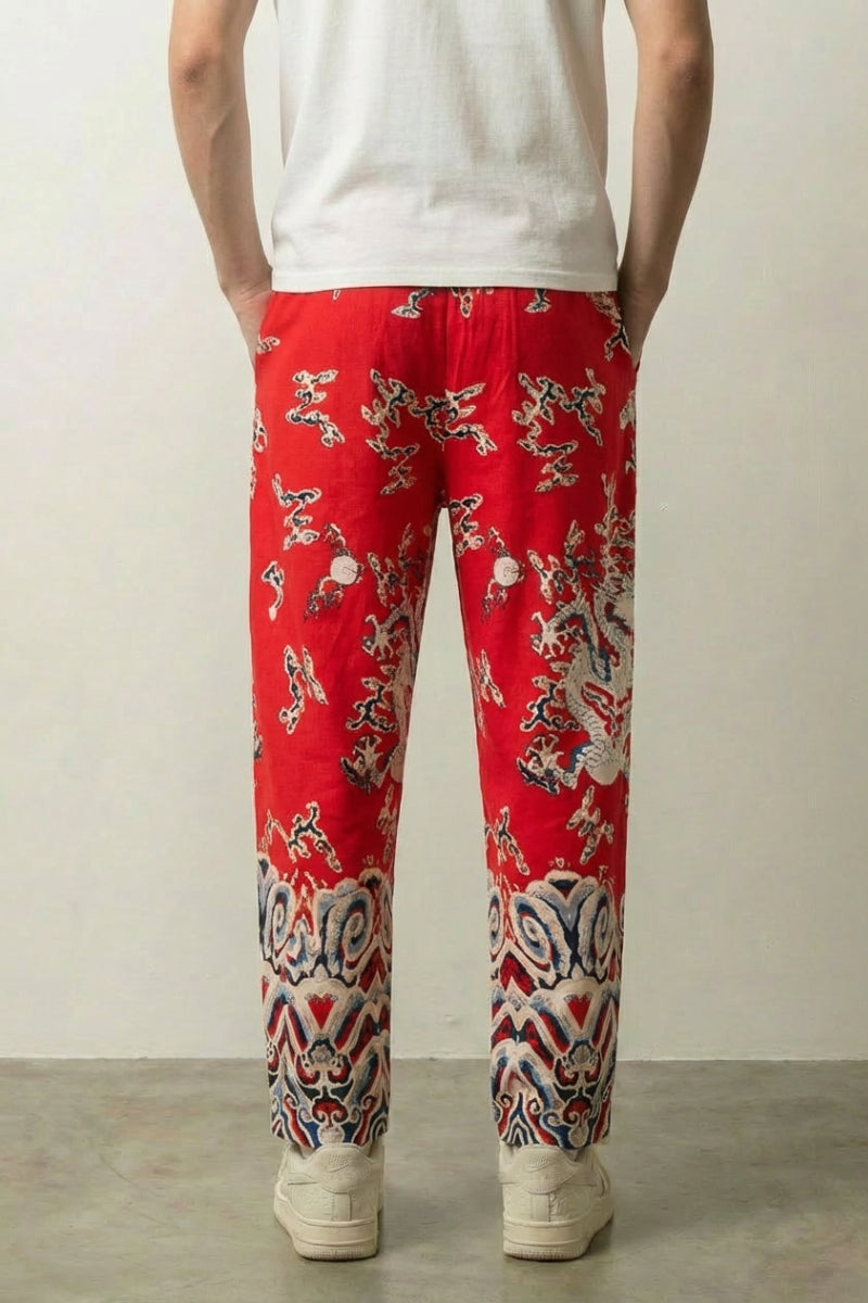 Détail de l'imprimé all-over du pantalon japonais Ryūjin : dragons et écailles Japanstreet