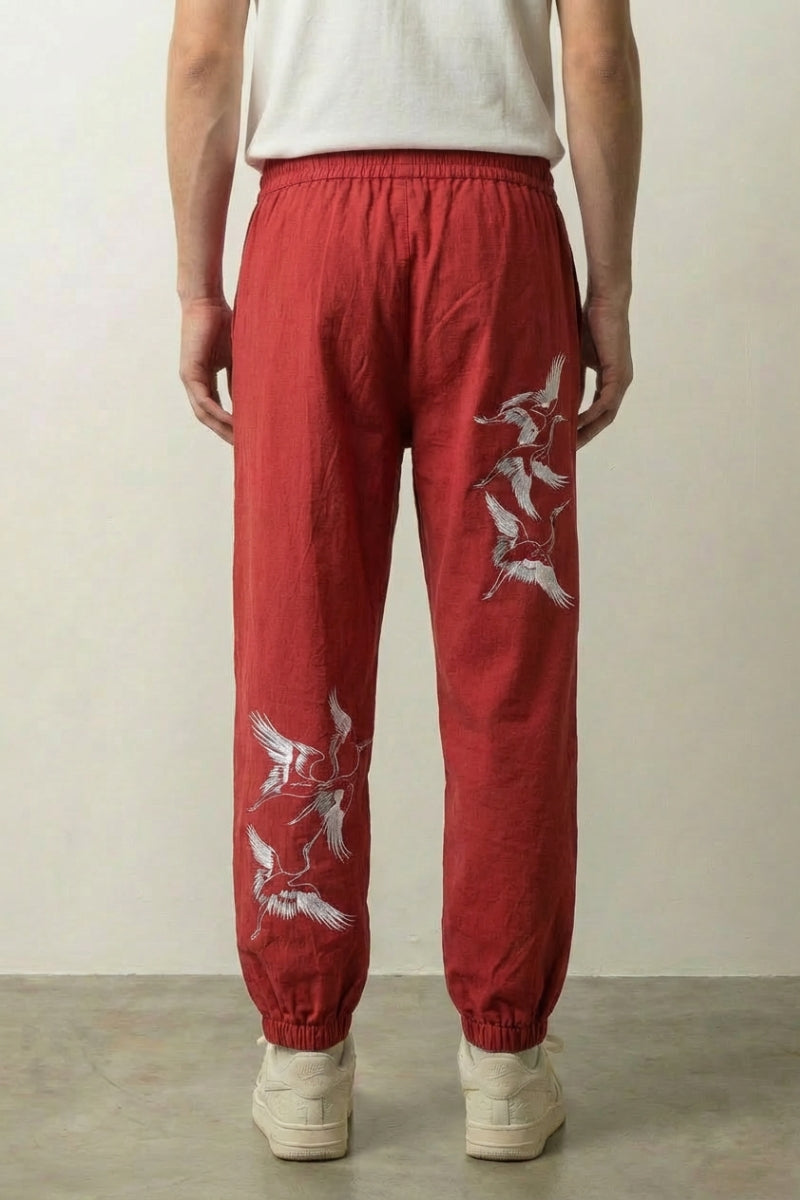 Pantalon ample japonais Aoi rouge profond à motifs de grues brodées Japanstreet