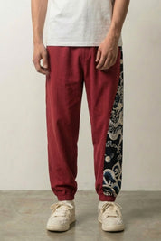Pantalon japonais ample Akira bordeaux à coupe wide leg et broderies latérales Japanstreet