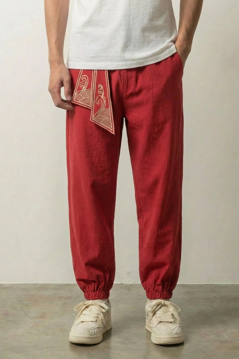 Pantalon japonais broderie Raijin coloris rouge profond inspiré du dieu du tonnerre Japanstreet