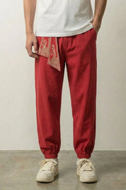 Pantalon japonais broderie Raijin coloris rouge profond inspiré du dieu du tonnerre Japanstreet