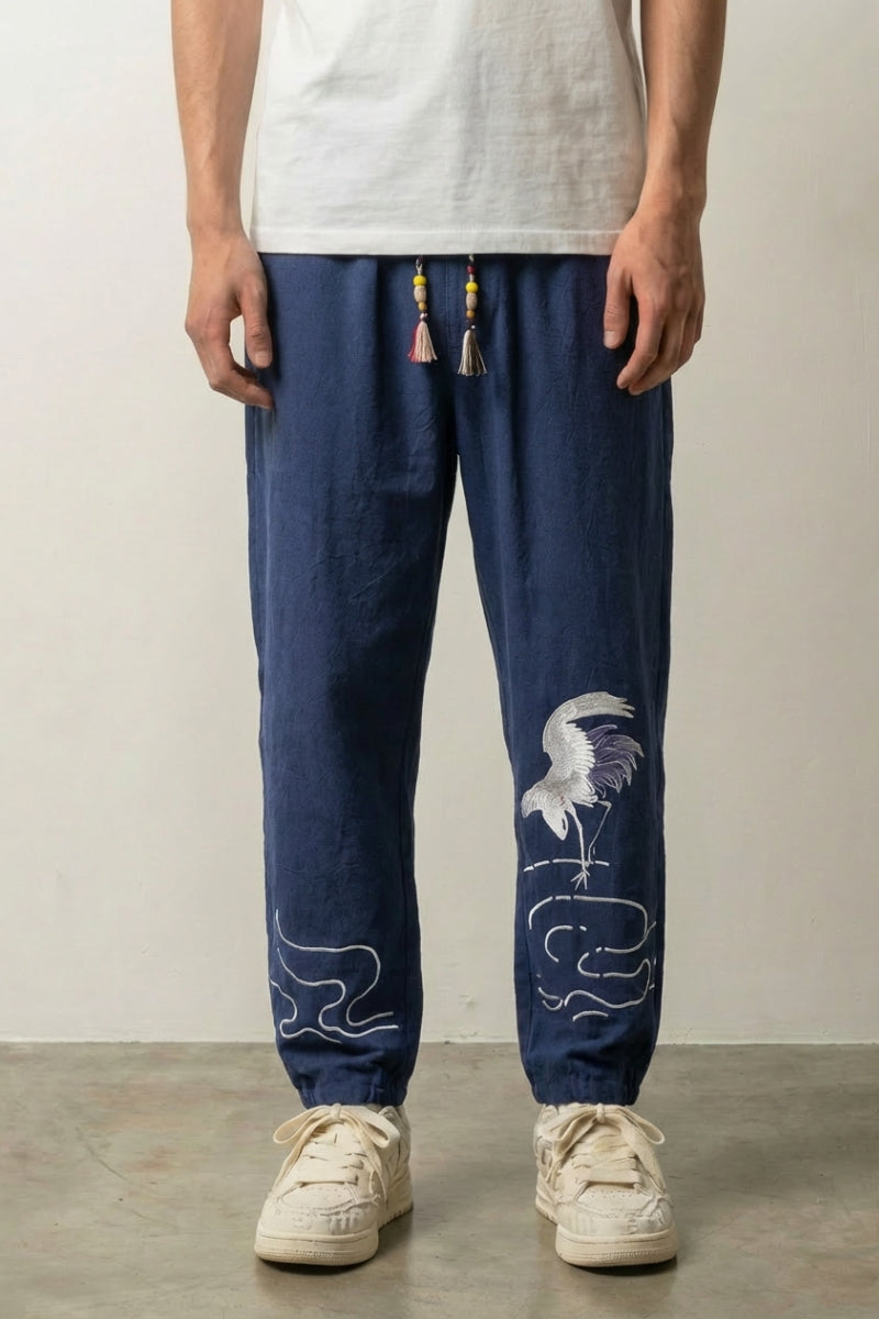 Pantalon japonais confort Tsuru bleu marine avec grue brodée et cordon perles Japanstreet