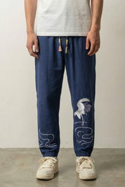 Pantalon japonais confort Tsuru bleu marine avec grue brodée et cordon perles Japanstreet
