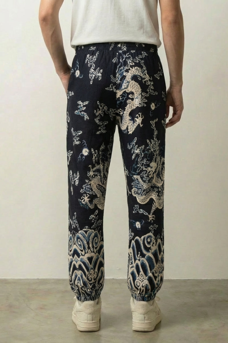 Vue de dos du pantalon dragon japonais Ryūjin à imprimé all-over Japanstreet
