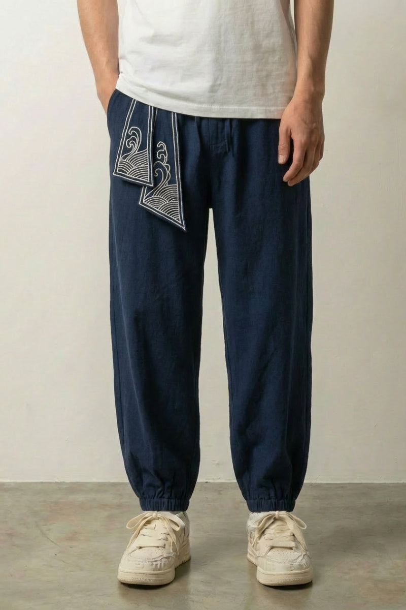 Pantalon japonais Raijin marine, style hakama bouffant à fourche basse Japanstreet
