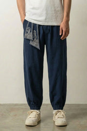 Pantalon japonais Raijin marine, style hakama bouffant à fourche basse Japanstreet