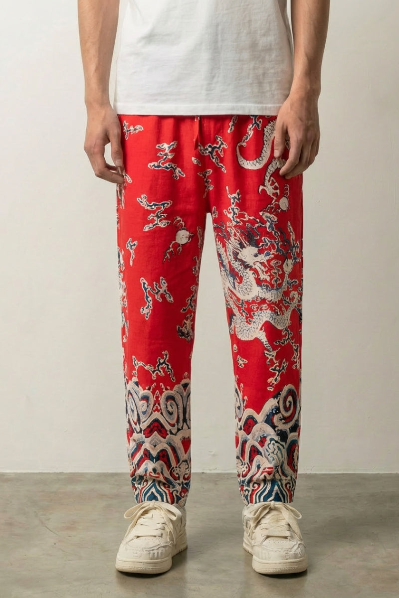 Pantalon japonais imprimé Ryūjin rouge profond avec motif dragons écru Japanstreet