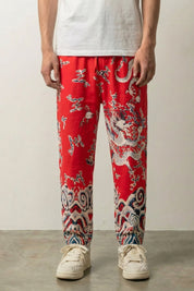 Pantalon japonais imprimé Ryūjin rouge profond avec motif dragons écru Japanstreet
