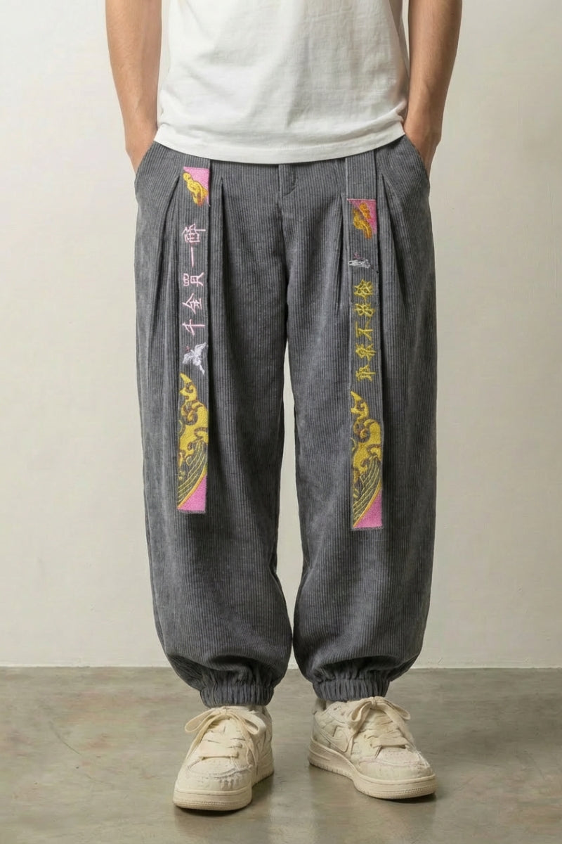 Pantalon japonais traditionnel Takumi gris en velours côtelé dense automne-hiver Japanstreet