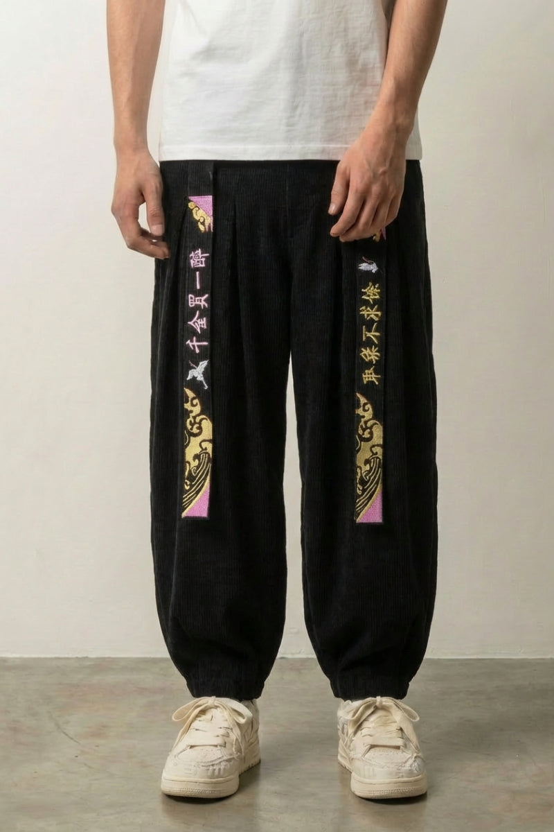 Pantalon japonais de travail Takumi en velours noir, coupe sarouel à pinces Japanstreet