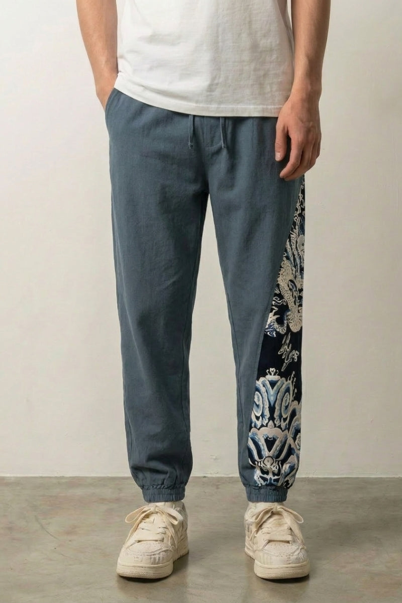 Pantalon large japonais Akira gris avec insert latéral brodé dragon et vagues Japanstreet