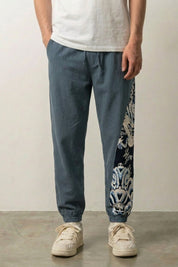 Pantalon large japonais Akira gris avec insert latéral brodé dragon et vagues Japanstreet