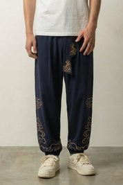 Pantalon large japonais Kumo marine à broderies de nuages dorés en bas de jambes Japanstreet