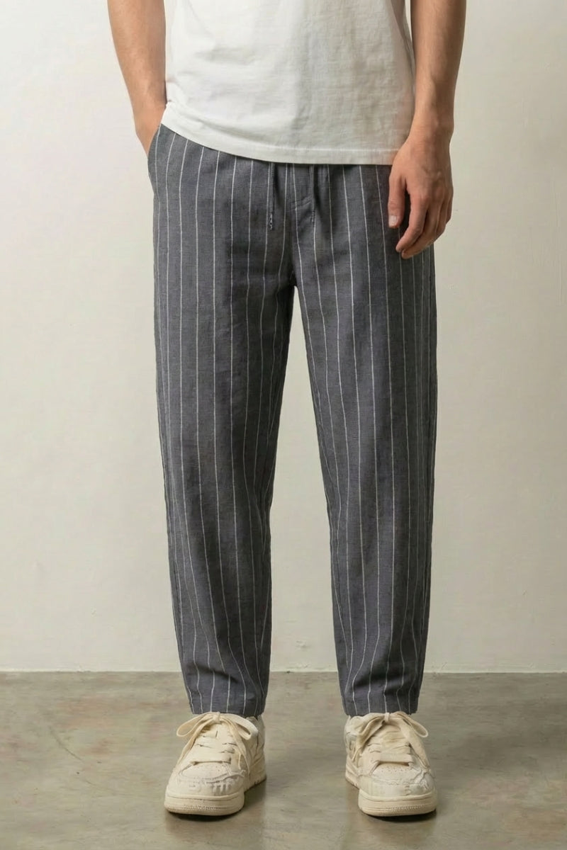 Pantalon rayé homme Straightin gris à rayures verticales coupe ample et taille élastiquée Japanstreet