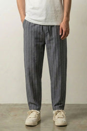 Pantalon rayé homme Straightin gris à rayures verticales coupe ample et taille élastiquée Japanstreet