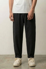 Pantalon rayure homme Straightin noir à fines lignes blanches verticales en coton léger Japanstreet