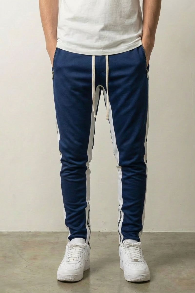 Pantalon track japonais Runraw bleu marine bandes blanches contrastées Japanstreet