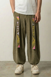 Pantalon velours côtelé japonais Takumi vert kaki à broderies carpe et kanji Japanstreet
