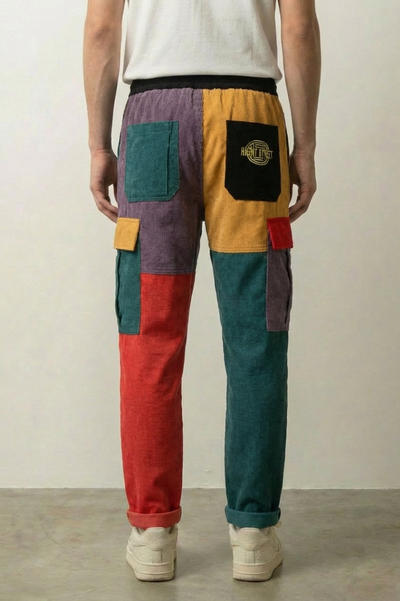Détail du pantalon velours japonais Colorbind à patchwork de coloris contrastés Japanstreet