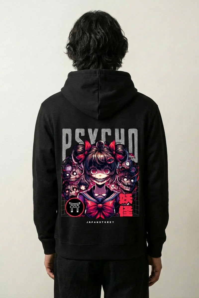 Pull manga fille noir, vue dos : personnage au registre psycho et atmosphère yokai, style streetwear japonais - Japanstreet