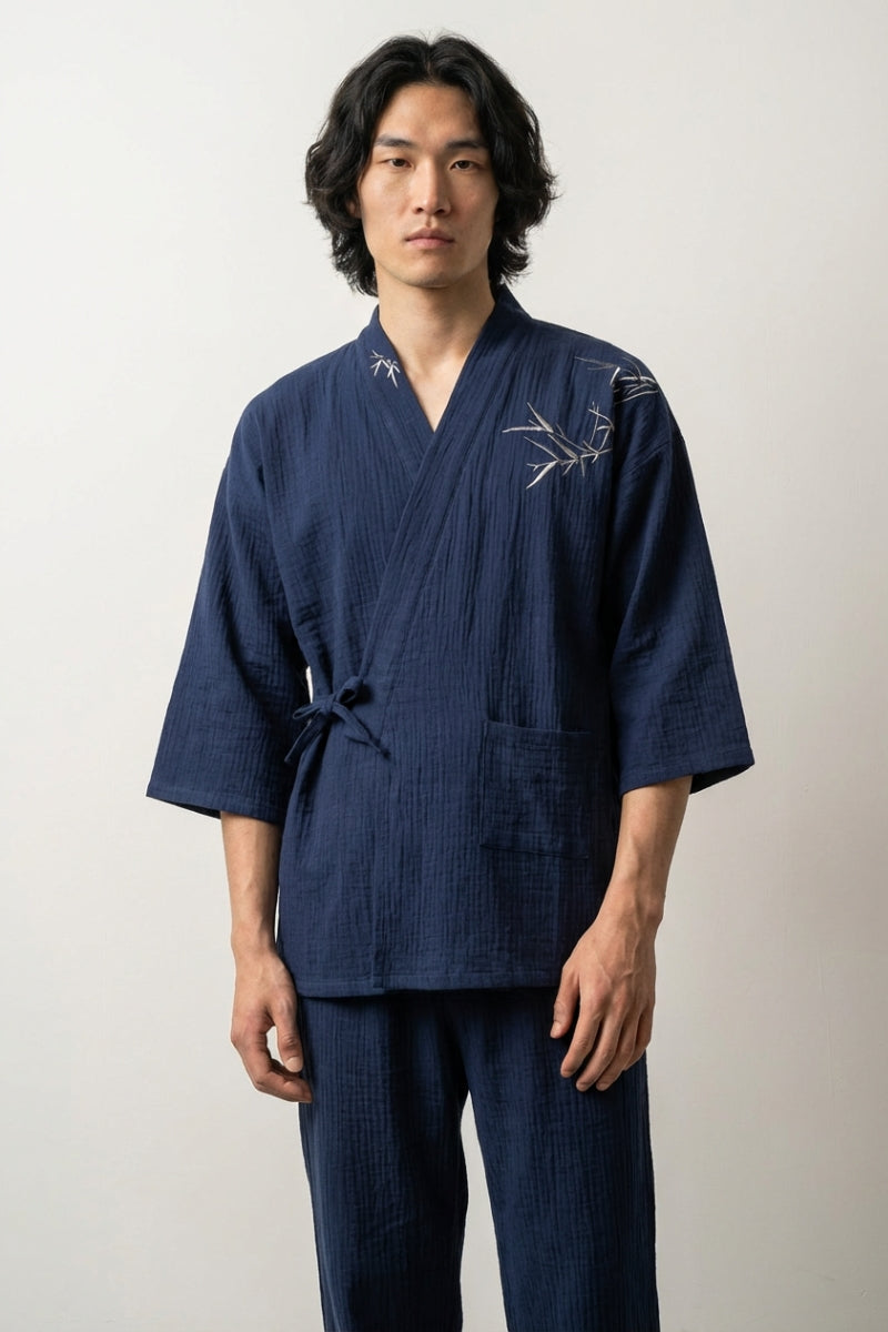 Pyjama d'intérieur japonais Takehiro vert bambou take gaze coton coupe samue croisé devant manches trois-quarts pantalon cheville style streetwear japonais Japanstreet