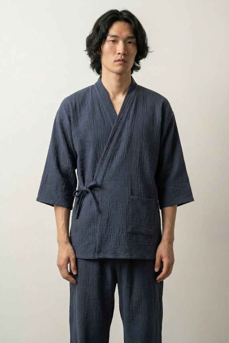 Pyjama d'été japonais Asuha vert feuilles chanvre asanoha gaze coton respirante croisé devant manches trois-quarts pantalon cheville style streetwear japonais Japanstreet