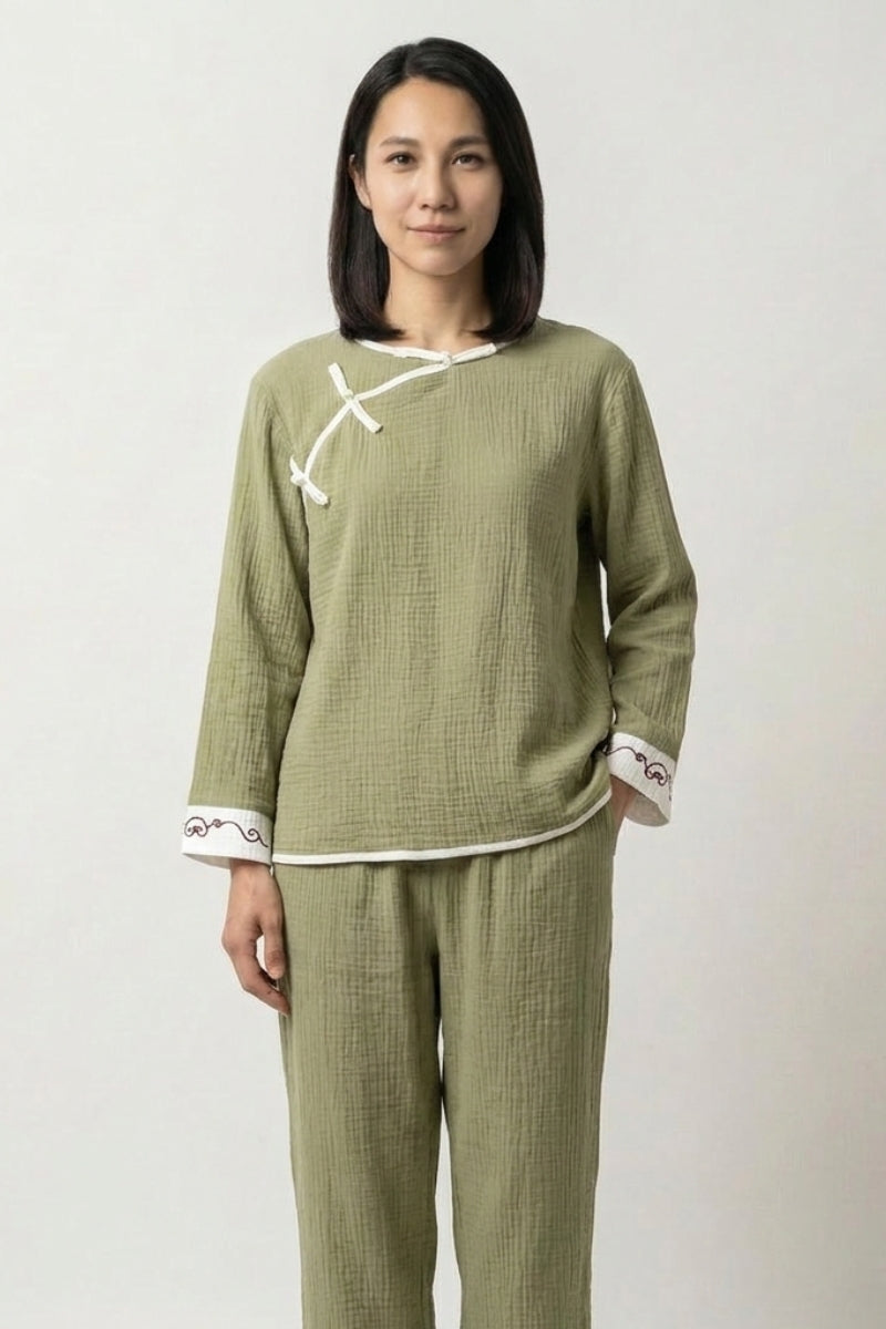 Pyjama japonais coton sauge Wakaba double gaze col rond knot fasteners passepoil blanc motif seigaiha brodé brun pantalon droit Japanstreet