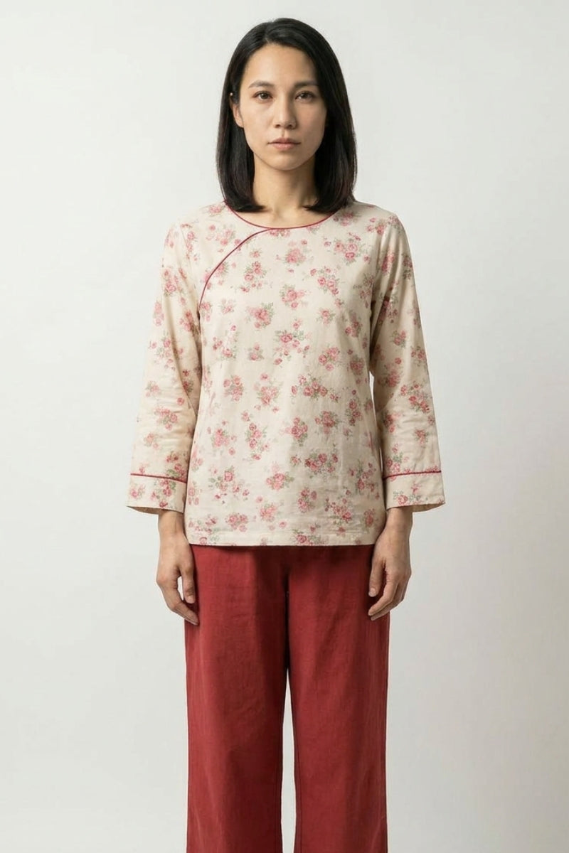 Pyjama japonais fleuri Komon imprimé motifs floraux haut col rond crème pantalon bordeaux coton Japanstreet