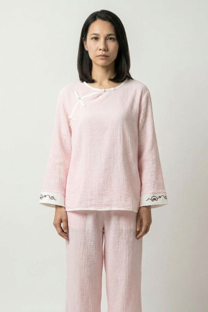 Pyjama japonais ryokan rose Onsen double gaze col rond knot fasteners passepoil blanc motif seigaiha brodé pantalon droit Japanstreet