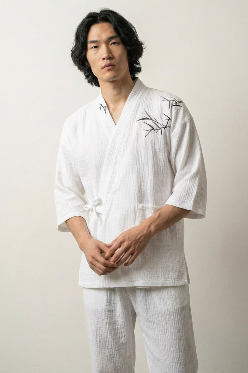 Pyjama jinbei blanc Shirake gaze coton pure pétale camélia coupe samue croisé devant manches trois-quarts pantalon cheville style streetwear japonais Japanstreet