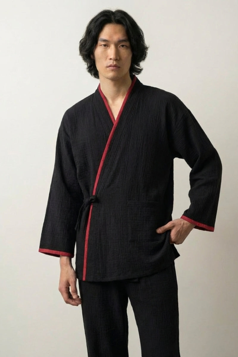 Pyjama jinbei homme Kurenai noir gaze coton liseré rouge cramoisi beni croisé devant manches longues pantalon cheville style streetwear japonais Japanstreet