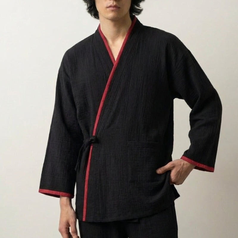Pyjama jinbei homme Kurenai noir gaze coton liseré rouge vermillon beni croisé devant manches longues pantalon cheville style japonais Japanstreet